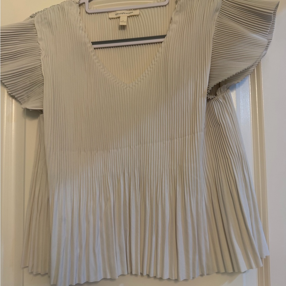 Pleated V-Neck Flutter Sleeve Blouse in Cream